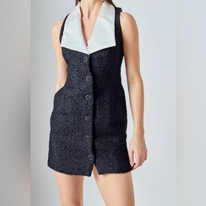 NWT! ENDLESS ROSE Premium Sleeveless Tweed Mini Black Dress with White Collar